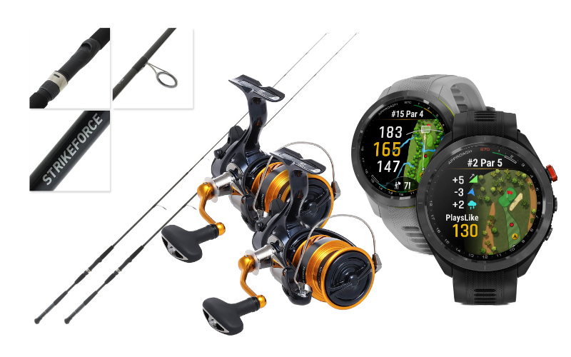 Daiwa Revros BRLT 3000 Bite N' Run Baitfeeder Spinning Reel with Daiwa Strikeforce II 702HFS-NZ Spin Rod 7ft 5-10kg 2pc × 2 ∙ Garmin Approach S70 42MM × 2